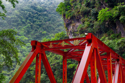 Red wooden bridge amidst trees in forest