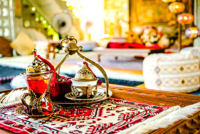 Close-up of christmas decorations on table