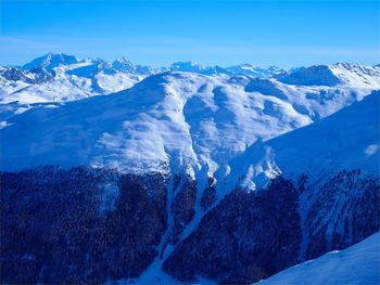 Scenic view of snowcapped mountains against blue sky