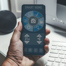 Smart home application on smartphone. domotic, technology automation, remote control system concept.