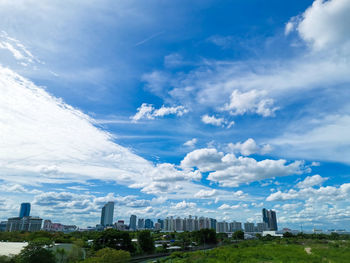 Aerial view of buildings in city against cloudy sky