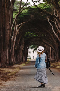 Woman walking in cyprus tree tunnel with on a cloudy day, view from the back