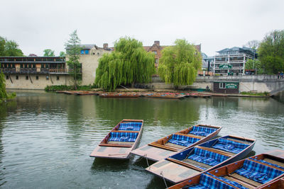 View of buildings by river against sky