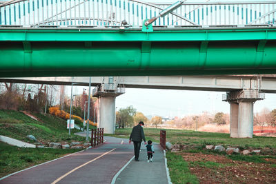 Rear view of men walking on bridge