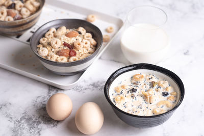 High angle view of breakfast on table