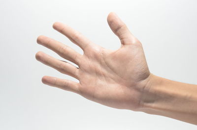 Close-up of human hand against white background