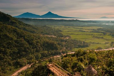 Panorama of menoreh hill with the background of merapi and merbabu mountains