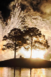 Low angle view of silhouette trees by lake against sky during sunset