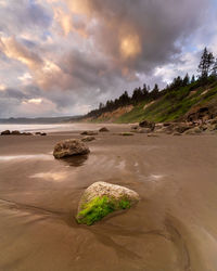 Scenic view of beach against sky during sunset