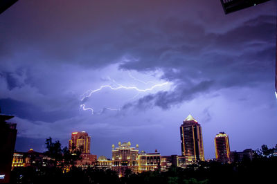 Panoramic view of lightning over buildings in city