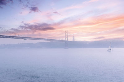 Scenic view of suspension bridge over sea against sky