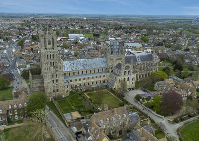 High angle view of buildings in town