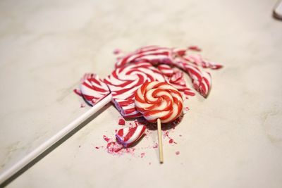 High angle view of lollipop candies on table