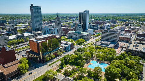 High angle view of buildings in city