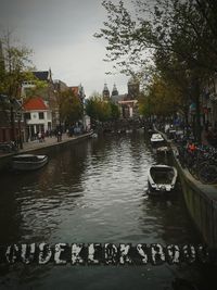 Boats in river with buildings in background