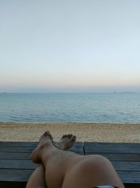 Low section of person with dog on sea against sky