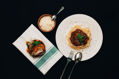 High angle view of meal served on table