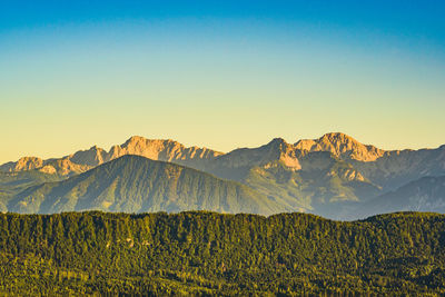 Scenic view of snowcapped mountains against clear sky