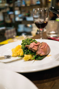 Close-up of meal served on table in restaurant