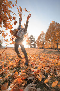 Low section of person with autumn leaves in park