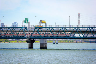 Bridge over river in city against sky