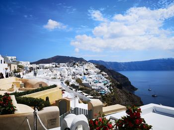 High angle view of buildings in city santorini