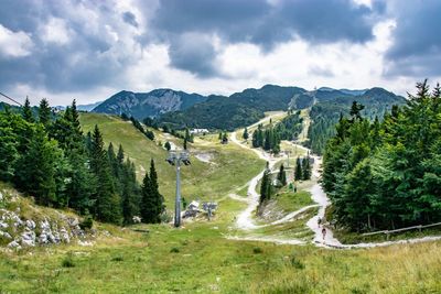 Scenic view of landscape and mountains against sky