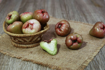 Close-up of fruits in basket on table