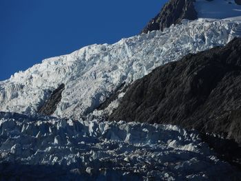 Low angle view of snow mountains against clear sky