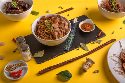 High angle view of food on table