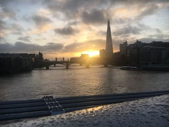 View of city at waterfront during sunset