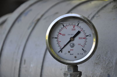 Close-up of pressure gauge in factory