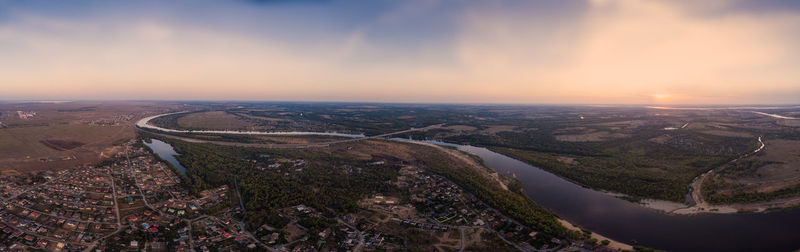 High angle view of cityscape during sunset