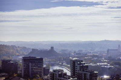 High angle view of buildings in city against sky