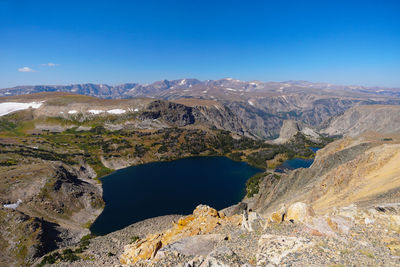 Scenic view of lake and mountains against blue sky