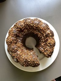 High angle view of cake in plate on table