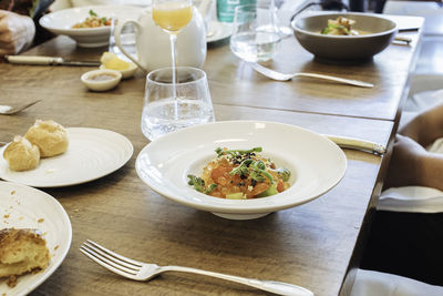 High angle view of food served on table