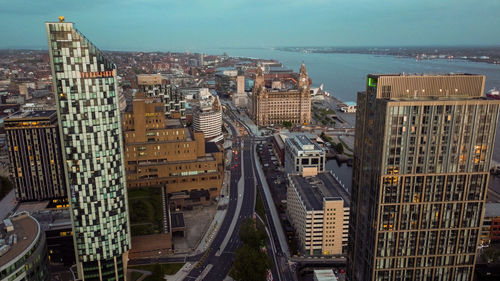 Liverpool city in the evening, drone aerial photo 2022 may