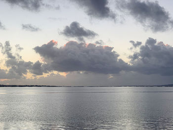 The grey and plate colors of the clouds are reflected over the sea on this autum day in the atlantic