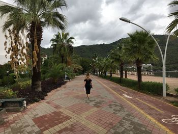 Rear view of woman walking on footpath by palm trees against sky