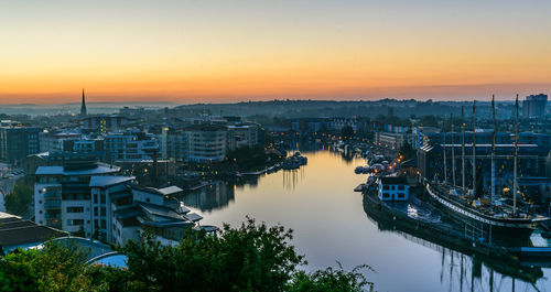 High angle view of buildings against sky during sunset