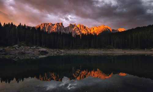 Reflection of trees in lake during sunset