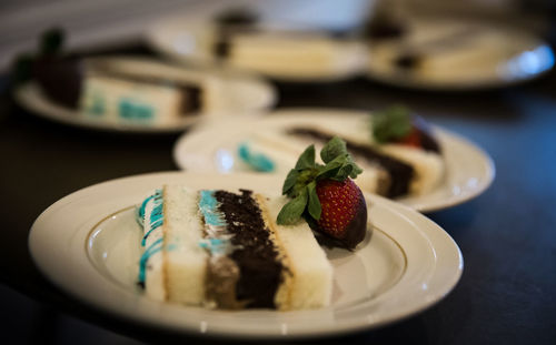 Close-up of strawberries in plate on table