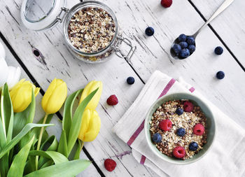 High angle view of breakfast on table