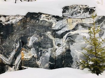 Frozen rocks on snow covered land