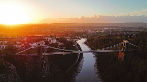 High angle view of cityscape against sky during sunset