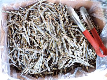 High angle view of dried fish at market stall