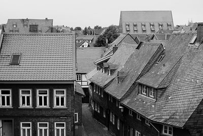 High angle view of residential buildings against sky