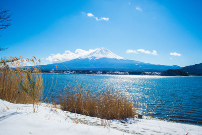 Scenic view of lake kawaguchi and mt fuji against sky