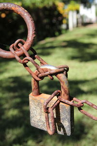 Close-up of padlock on chain